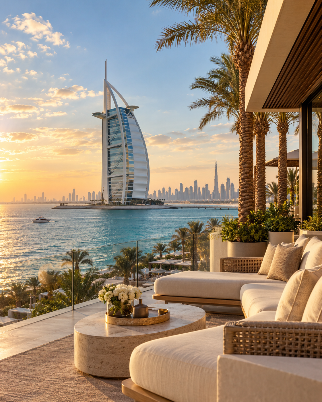 Top 10 Real Estate Agency in Dubai guide — AI-generated waterfront terrace and Burj Al Arab