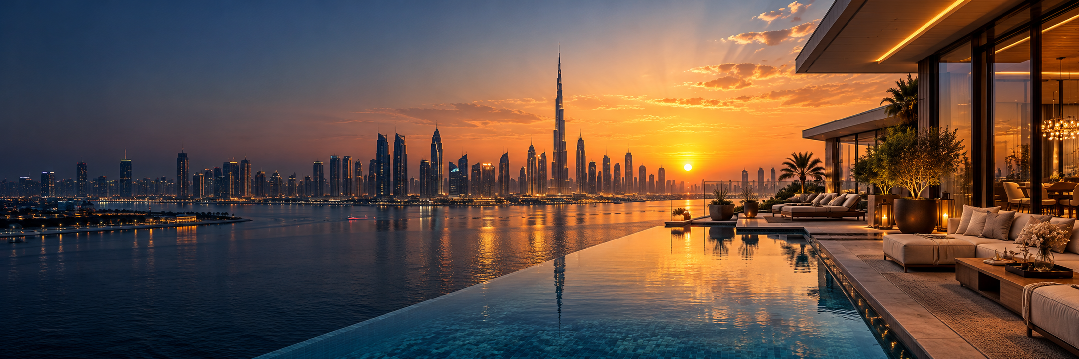 AI-generated Dubai skyline and luxury waterfront terrace at sunset