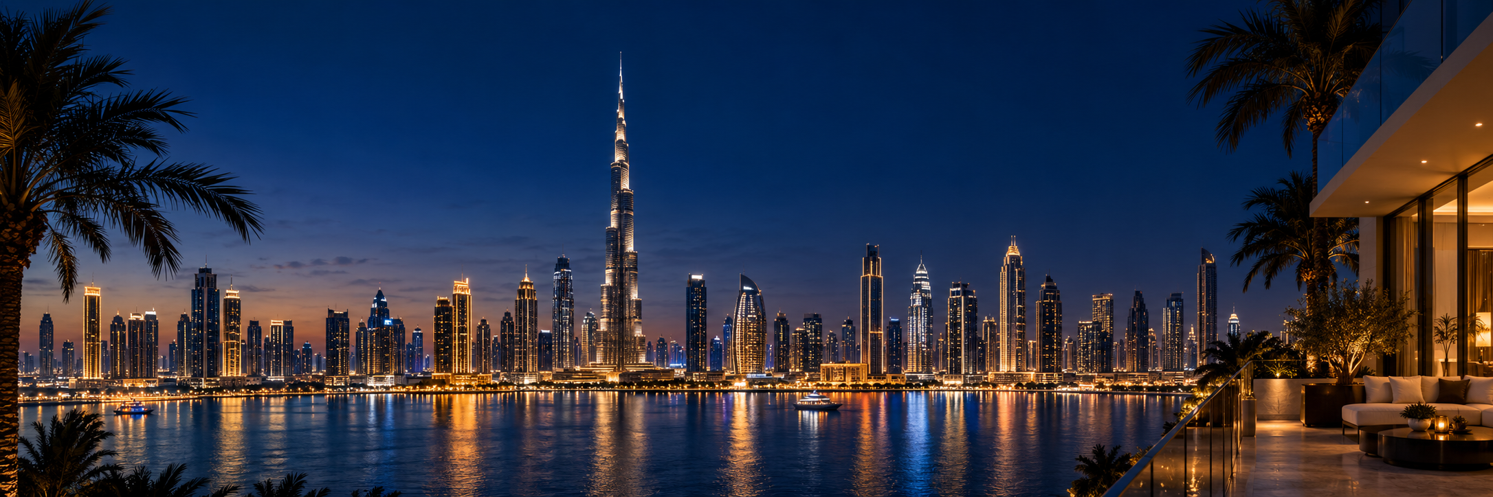 AI-generated Dubai waterfront skyline at blue hour